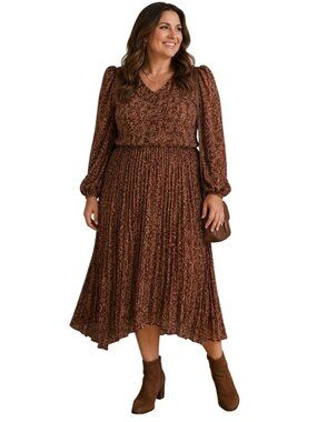 EPIK Women’s Large Brown Floral Pleated Midi Dress Cottagecore Romantic Boho